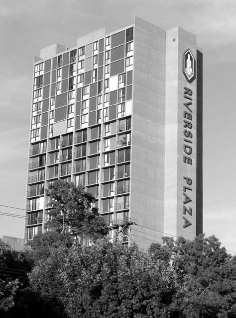 Riverside Plaza towers in Minneapolis, in black and white